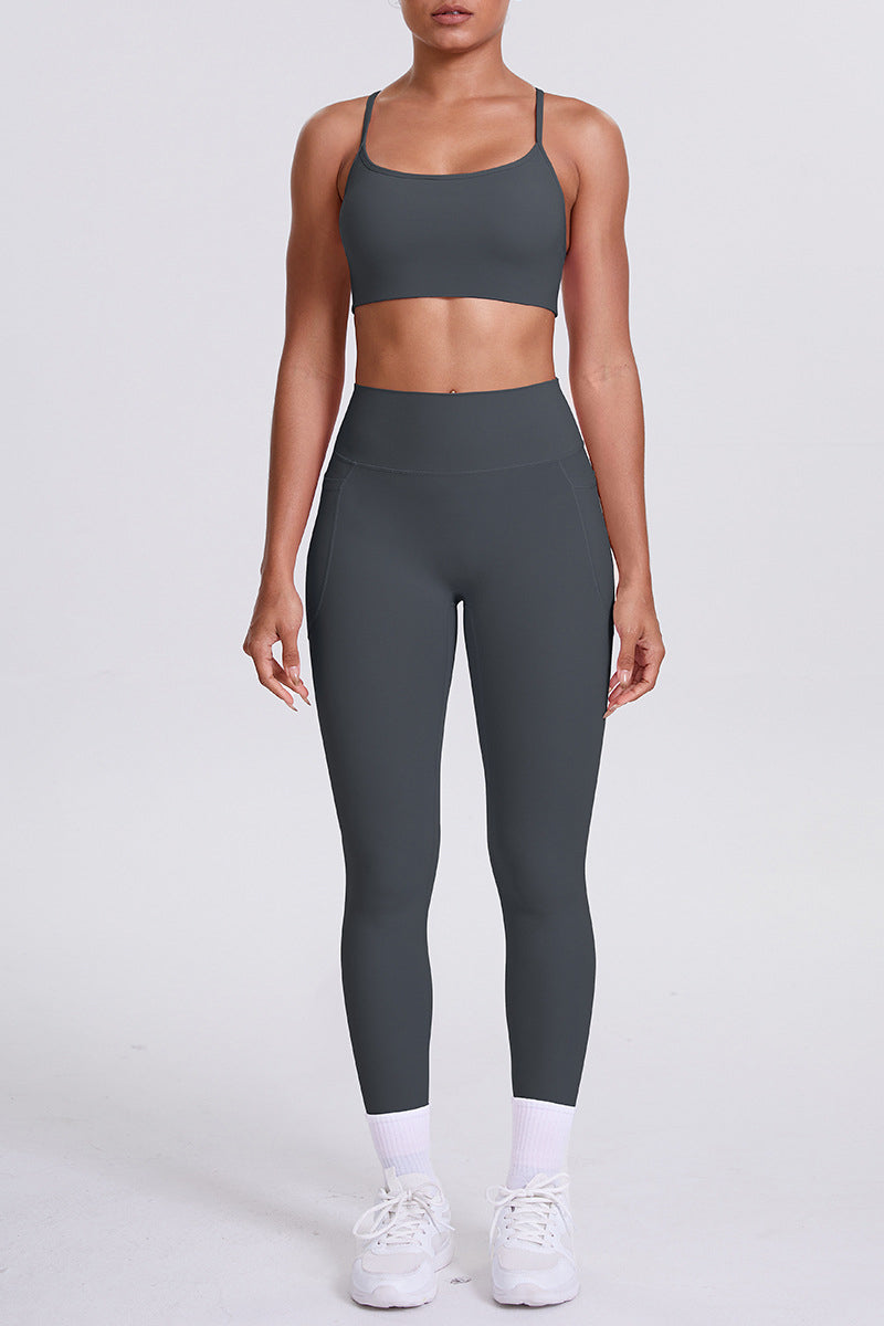 Women High-Waisted Pocket Yoga Set: Seamless Sports Bra + Sculpting Leggings