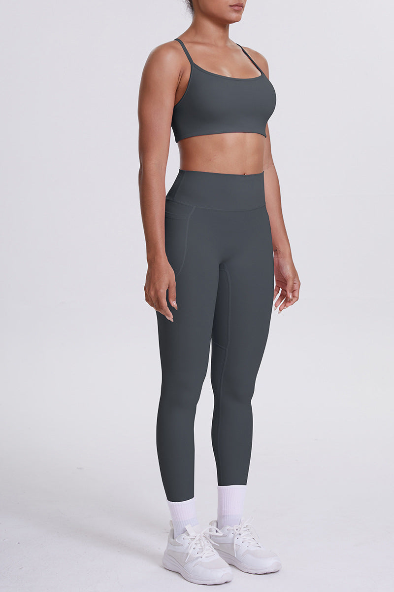 Women High-Waisted Pocket Yoga Set: Seamless Sports Bra + Sculpting Leggings