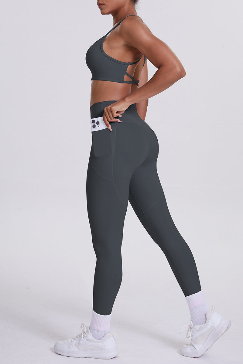 Women High-Waisted Pocket Yoga Set: Seamless Sports Bra + Sculpting Leggings