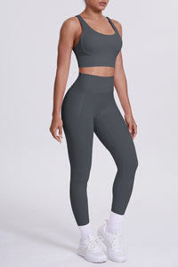 Women Cross-Back Yoga Set: High-Waisted Sculpting Leggings with Pocket + Cloud-Touch Sports Bra