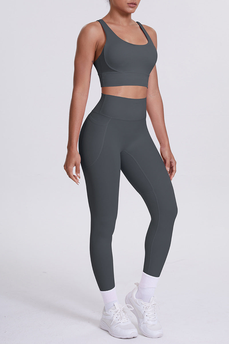 Women Cross-Back Yoga Set: High-Waisted Sculpting Leggings with Pocket + Cloud-Touch Sports Bra