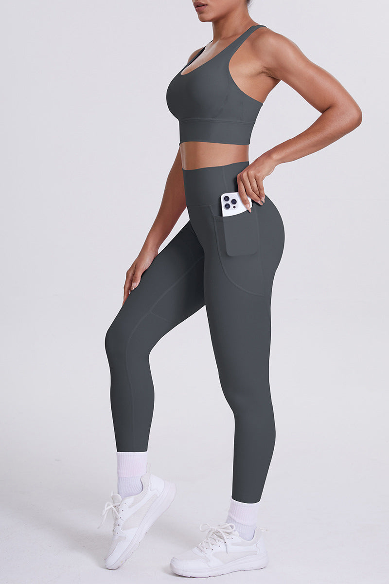 Women Cross-Back Yoga Set: High-Waisted Sculpting Leggings with Pocket + Cloud-Touch Sports Bra