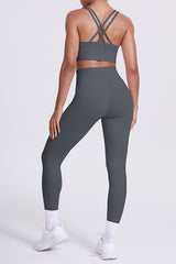 Women Cross-Back Yoga Set: High-Waisted Sculpting Leggings with Pocket + Cloud-Touch Sports Bra