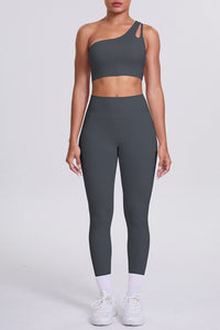Women One-Shoulder Yoga Set: Naked-Feel High-Waisted Sculpting Leggings + Cross-Back Sports Bra