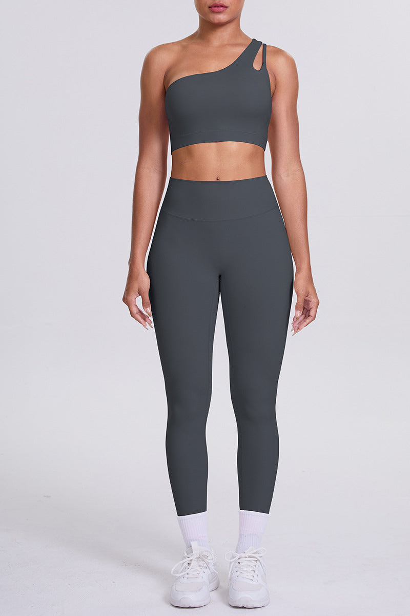 Women One-Shoulder Yoga Set: Naked-Feel High-Waisted Sculpting Leggings + Cross-Back Sports Bra