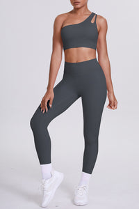 Women One-Shoulder Yoga Set: Naked-Feel High-Waisted Sculpting Leggings + Cross-Back Sports Bra
