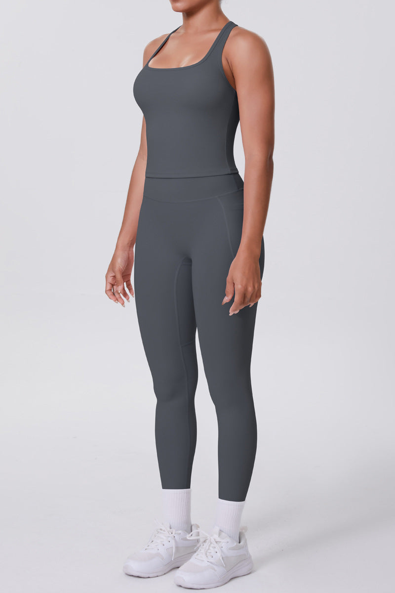 Women Naked-Feel Yoga Set: High-Waisted Pocket Leggings + Square Neck Sports Bra
