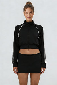 Women's Sports Sets:Stand Collar Cropped Jacket And Skirt