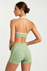 Women's Halter Twist Color-Block Sports Bra & Shorts Set