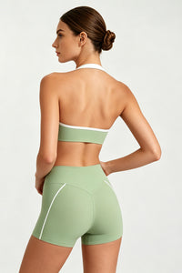 Women's Halter Twist Color-Block Sports Bra & Shorts Set