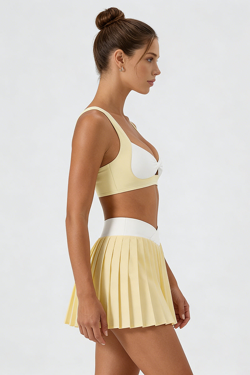 Women's Tennis Athletic Color Block Sets:Twist Front Bra & Skirt