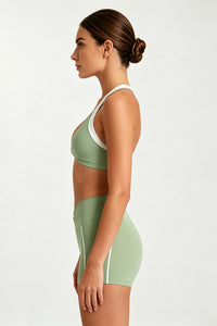 Women's Halter Twist Color-Block Sports Bra & Shorts Set