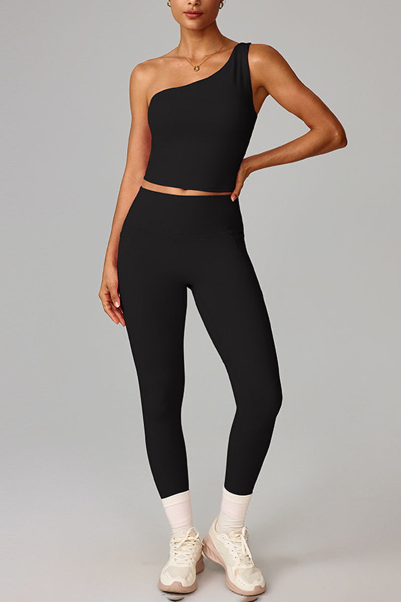 Women Cloud-Feel Quick-Dry Yoga Set: Asymmetric Strap Bra + High-Waist Pocket Leggings