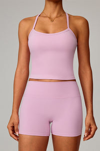 Women Brushed Slim Fit Yoga Set: Square Neck Camisole + High Waist Shorts