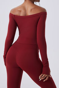 Women Off-Shoulder High-Waist Quick-Dry Yoga Set: Long Sleeve Top + Leggings