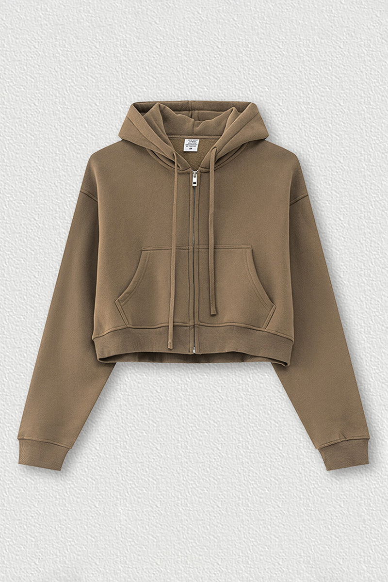 Loose cropped zip-up hooded jacket