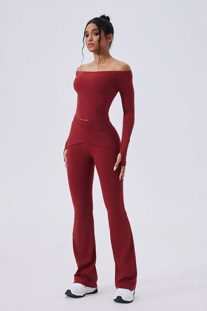 Women Off-Shoulder High-Waist Quick-Dry Yoga Set: Long Sleeve Top + Leggings