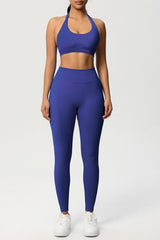 Women Seamless Knit Yoga Set: Halter Back Sports Bra + Sculpting Leggings