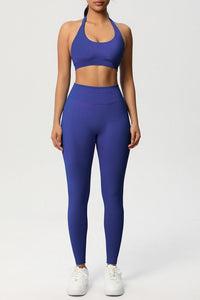 Women Seamless Knit Yoga Set: Halter Back Sports Bra + Sculpting Leggings