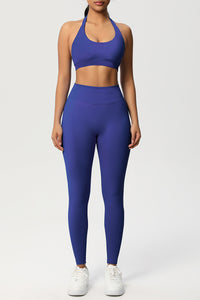 Women Seamless Knit Yoga Set: Halter Back Sports Bra + Sculpting Leggings
