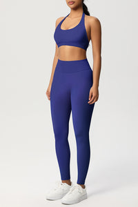 Women Seamless Knit Yoga Set: Halter Back Sports Bra + Sculpting Leggings