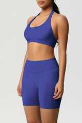 Women Halter Neck Yoga Set: High-Waisted Sculpting Shorts + Backless Sports Bra