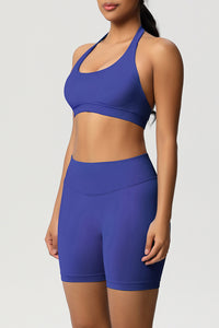 Women Halter Neck Yoga Set: High-Waisted Sculpting Shorts + Backless Sports Bra