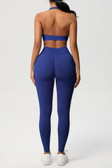 Women Seamless Knit Yoga Set: Halter Back Sports Bra + Sculpting Leggings