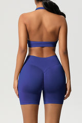 Women Halter Neck Yoga Set: High-Waisted Sculpting Shorts + Backless Sports Bra