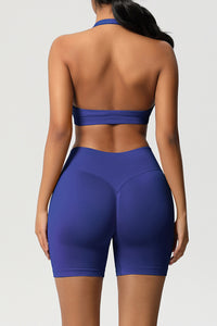Women Halter Neck Yoga Set: High-Waisted Sculpting Shorts + Backless Sports Bra