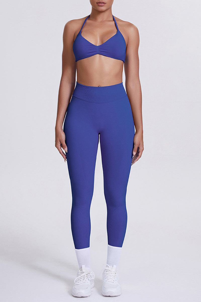 Women Seamless Yoga Set: High-Waisted Sculpting Leggings + Halter Neck Sports Bra