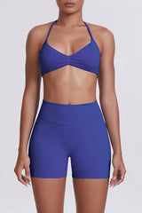 Women Halter Neck Yoga Set: High-Waisted Sculpting Shorts + Backless Sports Bra
