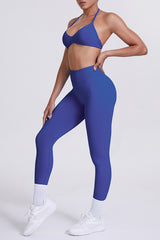 Women Seamless Yoga Set: High-Waisted Sculpting Leggings + Halter Neck Sports Bra