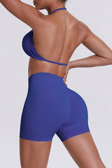 Women Halter Neck Yoga Set: High-Waisted Sculpting Shorts + Backless Sports Bra