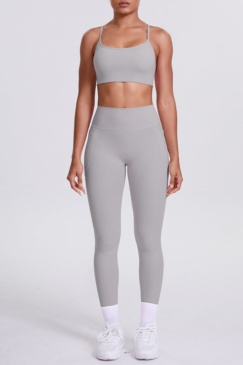 Women High-Waisted Pocket Yoga Set: Seamless Sports Bra + Sculpting Leggings