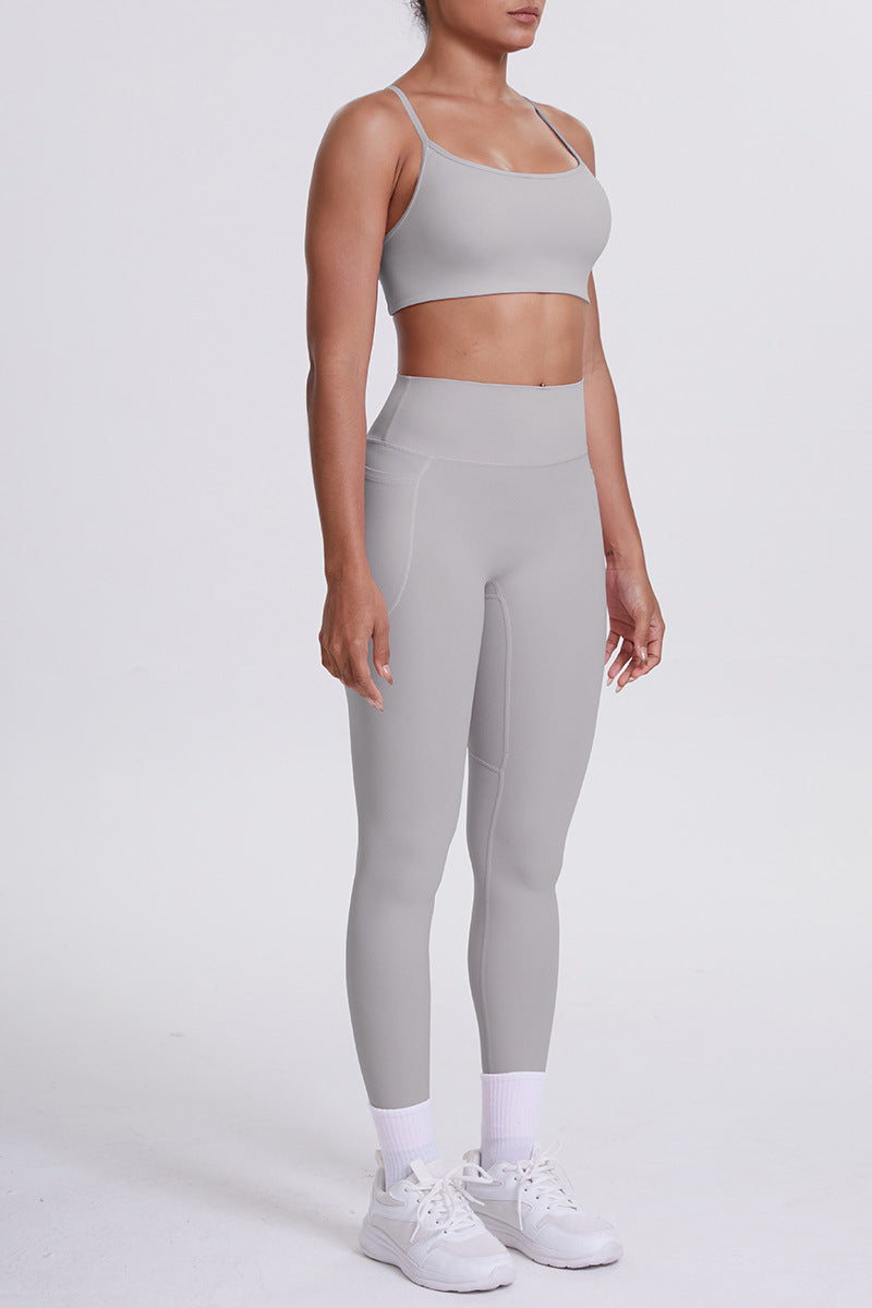 Women High-Waisted Pocket Yoga Set: Seamless Sports Bra + Sculpting Leggings