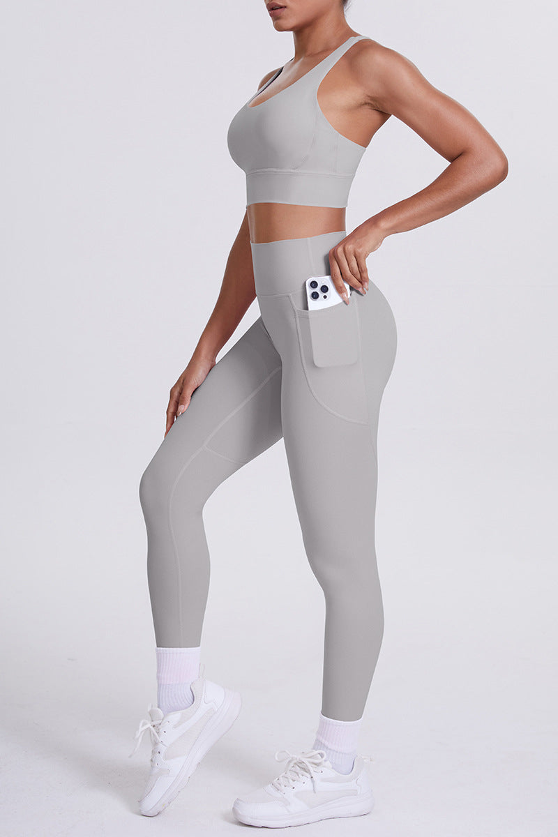 Women Cross-Back Yoga Set: High-Waisted Sculpting Leggings with Pocket + Cloud-Touch Sports Bra