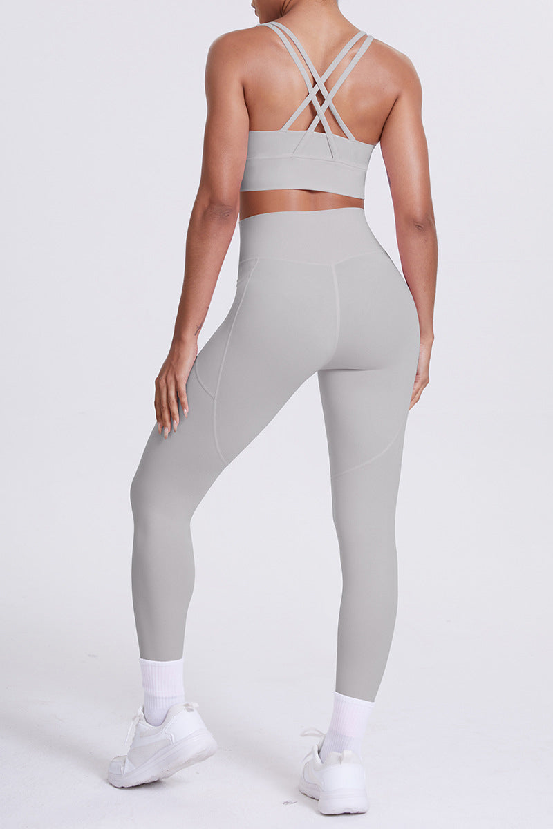 Women Cross-Back Yoga Set: High-Waisted Sculpting Leggings with Pocket + Cloud-Touch Sports Bra