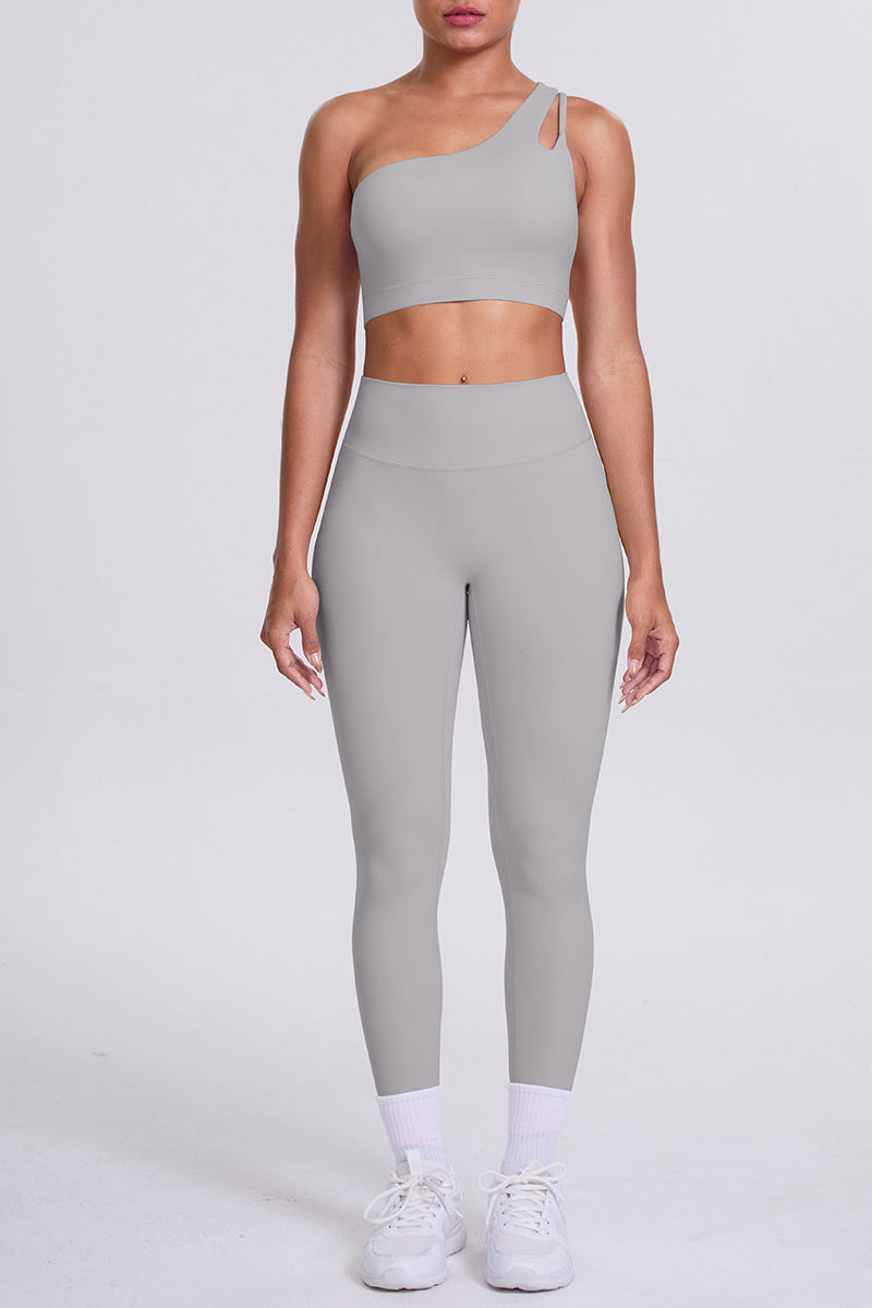 Women One-Shoulder Yoga Set: Naked-Feel High-Waisted Sculpting Leggings + Cross-Back Sports Bra