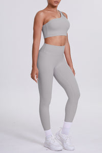 Women One-Shoulder Yoga Set: Naked-Feel High-Waisted Sculpting Leggings + Cross-Back Sports Bra