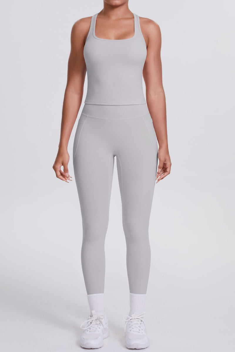 Women Naked-Feel Yoga Set: High-Waisted Pocket Leggings + Square Neck Sports Bra