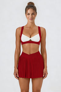 Women's Tennis Athletic Color Block Sets:Twist Front Bra & Skirt