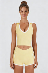 Women's Athletic Color Block Sets:V-neck Tank Top And Shorts