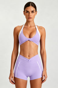 Women's Halter Twist Color-Block Sports Bra & Shorts Set