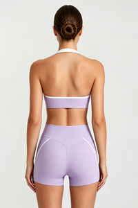 Women's Halter Twist Color-Block Sports Bra & Shorts Set