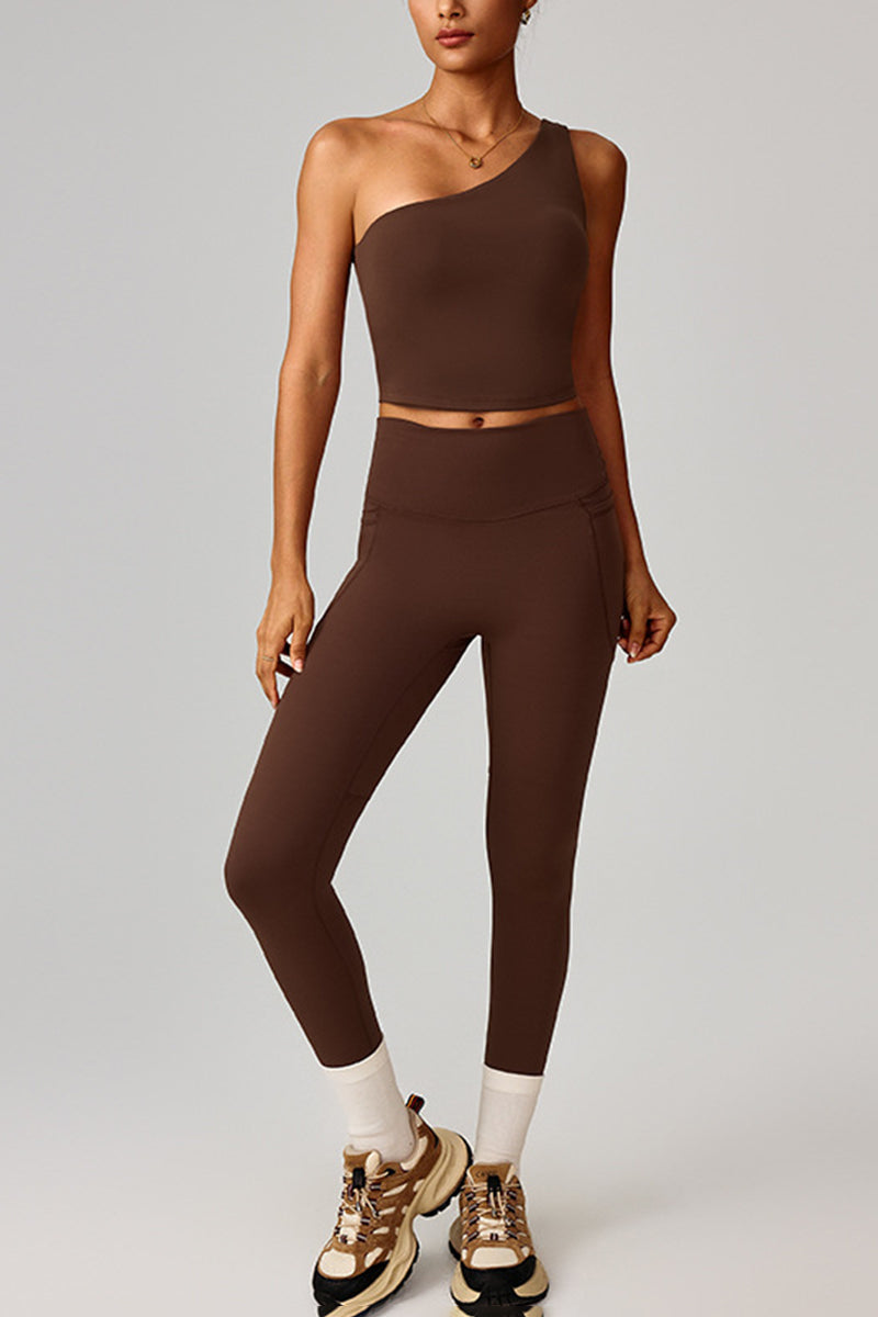 Women Cloud-Feel Quick-Dry Yoga Set: Asymmetric Strap Bra + High-Waist Pocket Leggings