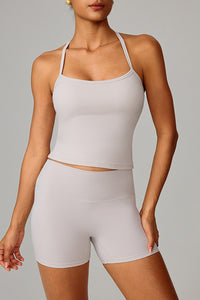 Women Brushed Slim Fit Yoga Set: Square Neck Camisole + High Waist Shorts