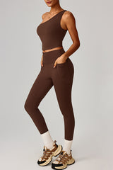 Women Cloud-Feel Quick-Dry Yoga Set: Asymmetric Strap Bra + High-Waist Pocket Leggings