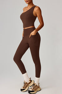 Women Cloud-Feel Quick-Dry Yoga Set: Asymmetric Strap Bra + High-Waist Pocket Leggings