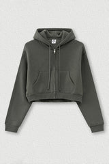 Loose cropped zip-up hooded jacket